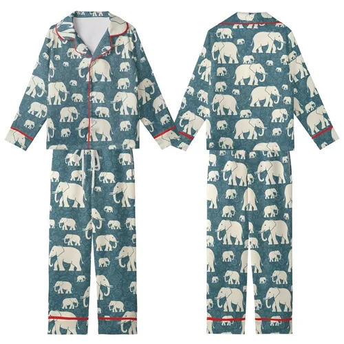 Women's Stylized Cream Elephant Pajamas: Desaturated Teal Paisley Sleep Set Kid Satin Pajamas Set