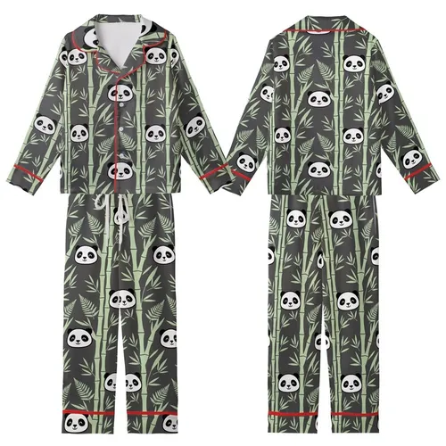 Panda Lover's Loungewear: Adorable Cartoon Panda Faces & Sage Green Bamboo Sleep Set Kid Satin Pajamas Set