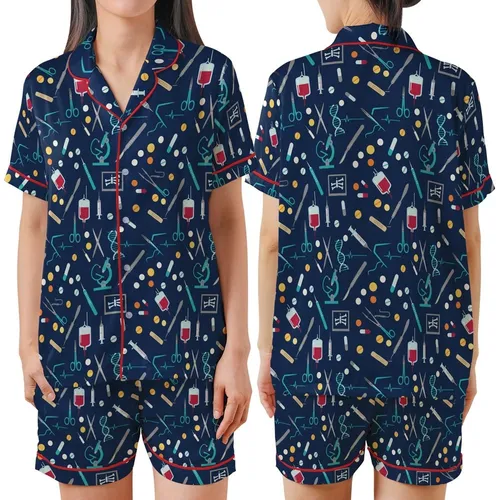 Nurse Low Top Canvas Shoes: Navy Medical Icon Pattern with Scalpel, Syringe, Stethoscope Satin Short-Sleeve Pajamas Set