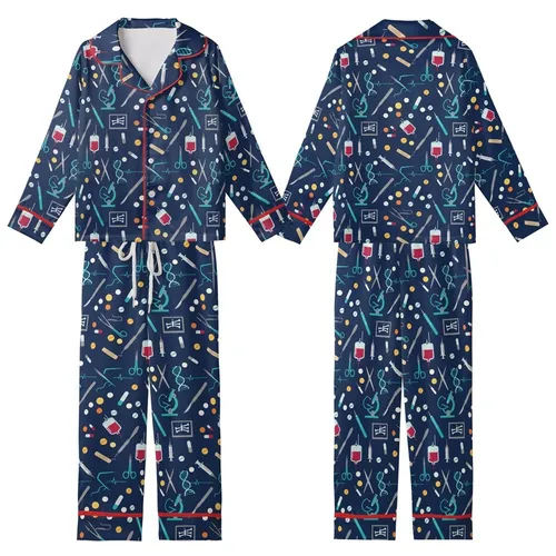 Nurse Low Top Canvas Shoes: Navy Medical Icon Pattern with Scalpel, Syringe, Stethoscope Kid Satin Pajamas Set