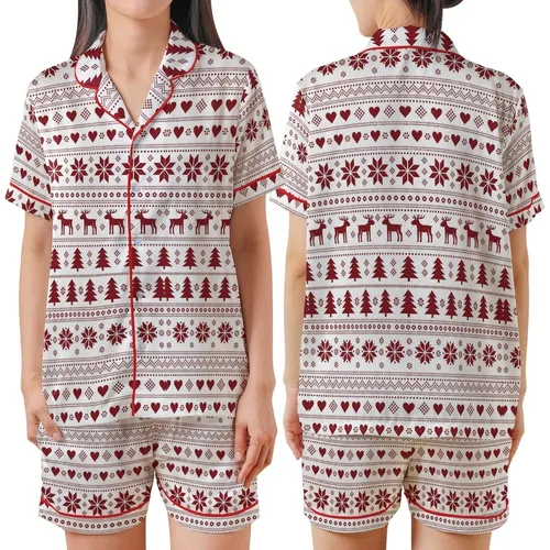 Women's Folkloric Fair Isle Christmas Pajamas: Reindeer Snowflake Long Sleeve Button-Front (White/Red) Satin Short-Sleeve Pajamas Set