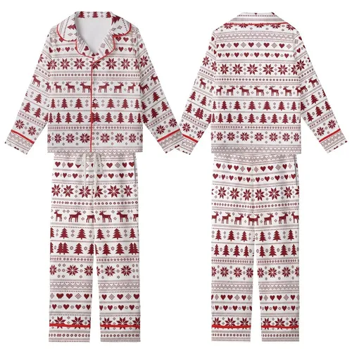 Women's Folkloric Fair Isle Christmas Pajamas: Reindeer Snowflake Long Sleeve Button-Front (White/Red) Kid Satin Pajamas Set