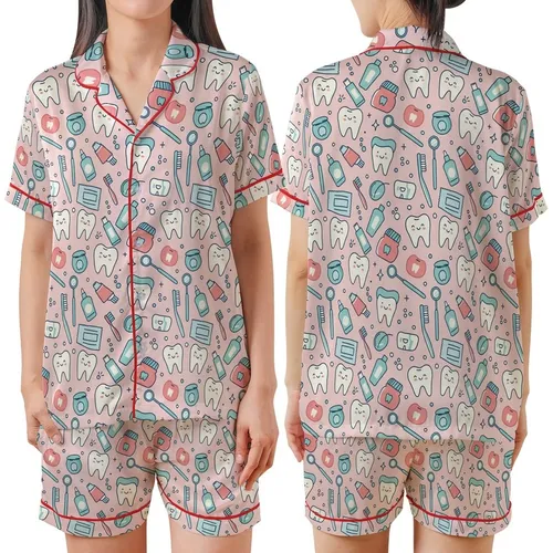 Women's Dentist Pajamas: Cute Pastel Pink Dental Tools & Happy Teeth Pattern Sleep Set Satin Short-Sleeve Pajamas Set