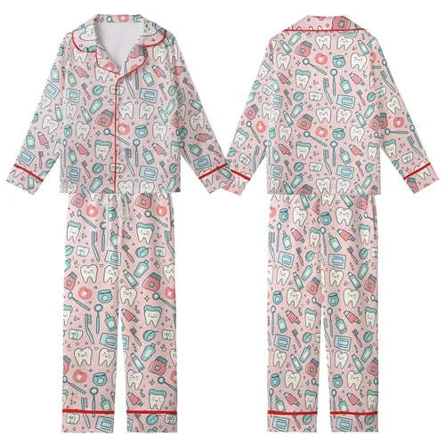 Women's Dentist Pajamas: Cute Pastel Pink Dental Tools & Happy Teeth Pattern Sleep Set Kid Satin Pajamas Set