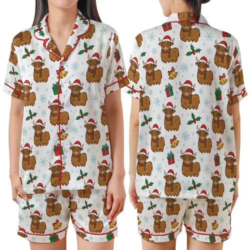 Highland Cow Christmas Pajamas: Whimsical Santa Hat & Scarf Pattern Satin Short-Sleeve Pajamas Set