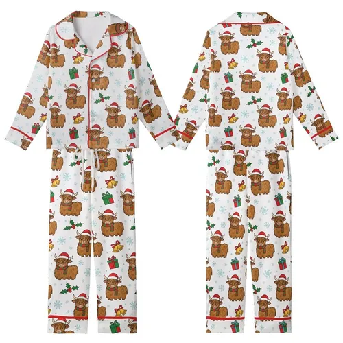 Highland Cow Christmas Pajamas: Whimsical Santa Hat & Scarf Pattern Kid Satin Pajamas Set