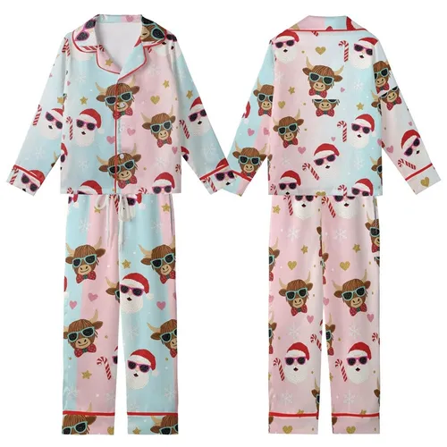 Festive Western Christmas: Whimsical Highland Cow & Santa Faux Yarn Knit Graphic Kid Satin Pajamas Set