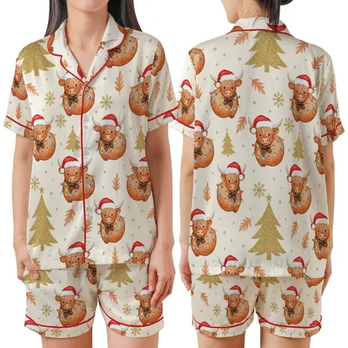 Cozy Christmas Lovers' Whimsical Watercolor Highland Cow Santa Hat Lights Glitter Satin Short-Sleeve Pajamas Set