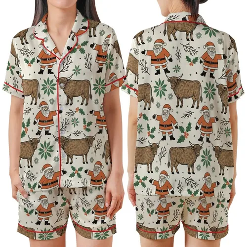 Boho Western Christmas Fans' Rustic Linocut Santa Highland Cow Terracotta Orange Forest Green All-Over Satin Short-Sleeve Pajamas Set