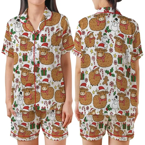 Holiday Animal Lovers' Cute Fluffy Highland Cow Christmas Pattern in Red, Green, Brown Cartoon Style Satin Short-Sleeve Pajamas Set