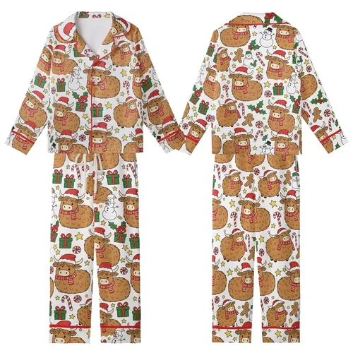 Holiday Animal Lovers' Cute Fluffy Highland Cow Christmas Pattern in Red, Green, Brown Cartoon Style Kid Satin Pajamas Set