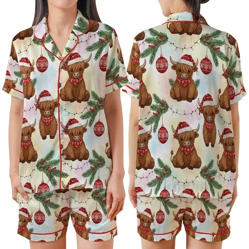 Cow Lover's Christmas Pajama Set: Faux Yarn Knitted Highland Cow & Snowflake Pattern Satin Short-Sleeve Pajamas Set