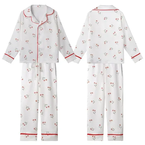 Women's Delicate Muted Floral Sprigs Pattern Silky Short Sleeve Long Pants Pajamas Set Kid Satin Pajamas Set