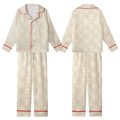 Spring Lounge V-Neck Ribbed Set: Subtle Beige Geometric Grid Pattern - Straight Leg Pajamas Kid Satin Pajamas Set