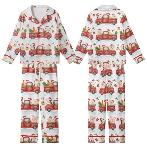 Farm Lover Christmas Sleep Set: Watercolor Santa Farm Animals & Vintage Red Trucks Kid Satin Pajamas Set