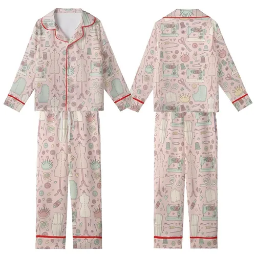 Sewing Enthusiast's Blush Pink Pastel Vintage Sewing Machine Tailoring Tools Kid Satin Pajamas Set