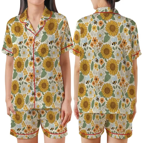 Women's Vintage Boho 60s 70s Sunflower Daisy Honeybee Meadow Silky Satin Short-Sleeve Pajamas Set