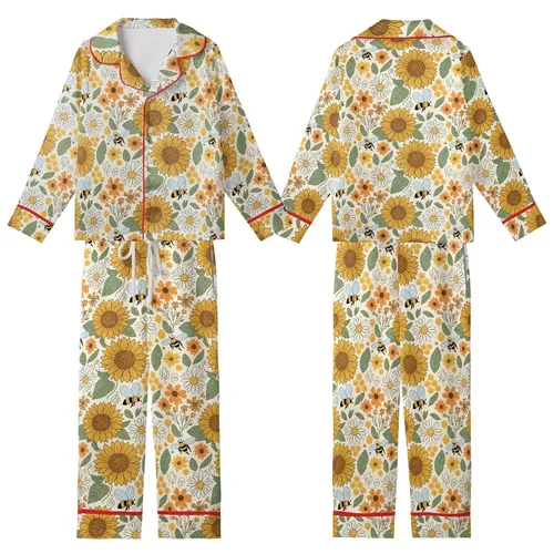 Women's Vintage Boho 60s 70s Sunflower Daisy Honeybee Meadow Silky Kid Satin Pajamas Set