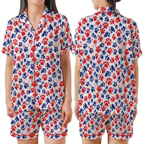 Dog Lover Mom's Scarlet Red Indigo Blue Watercolor Paw Print All-Over Satin Short-Sleeve Pajamas Set