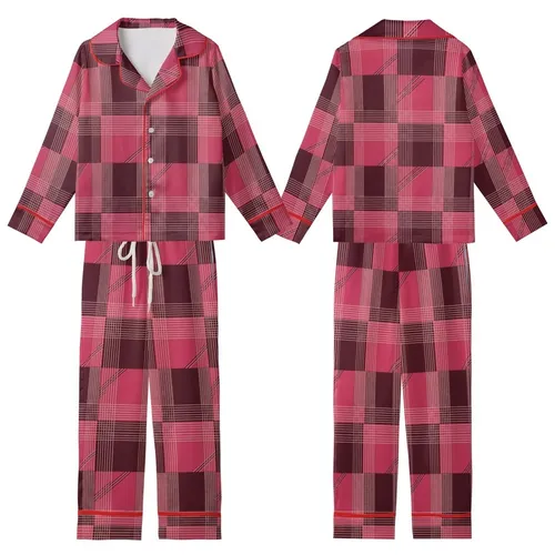 Women's Deep Maroon & Pink Geometric Plaid Satin Short-Sleeve Sleep Set Kid Satin Pajamas Set