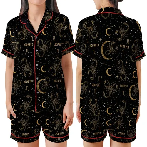 Scorpio Woman's Satin Two-Piece Sleep Set: Gold Celestial Scorpion & Constellation Design Satin Short-Sleeve Pajamas Set