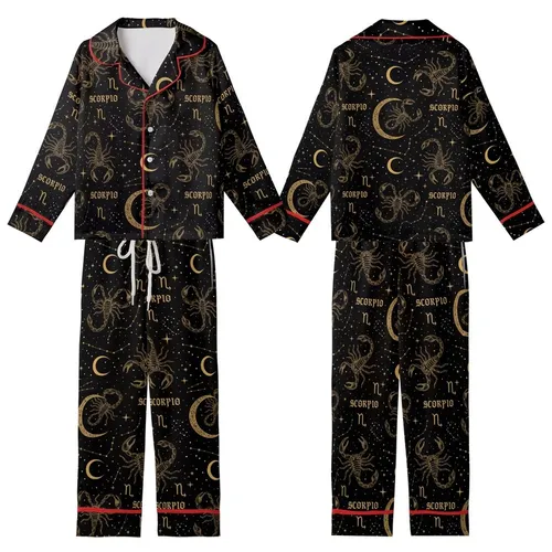 Scorpio Woman's Satin Two-Piece Sleep Set: Gold Celestial Scorpion & Constellation Design Kid Satin Pajamas Set