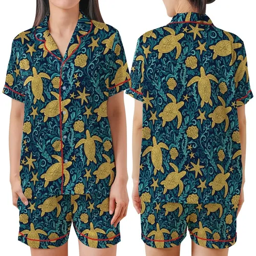Women's Golden Sea Turtle Starfish Navy Aqua Teal Ornate Marine Foliage Design Satin Short-Sleeve Pajamas Set