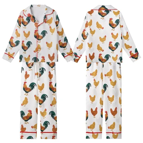 Farmhouse Charm: Vibrant Storybook Roosters, Pecking Hens, Red Combs & Teal Tails  Garment Kid Satin Pajamas Set