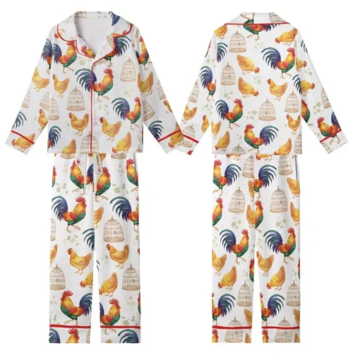 Countryside Living Rooster & Hen Watercolor Pattern: Vibrant Woven Cages Design - Loungewear Item Kid Satin Pajamas Set