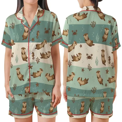 Otter Lover's Whimsical Ocean Otters Scene: Cream, Seafoam & Teal Wearable Design Satin Short-Sleeve Pajamas Set