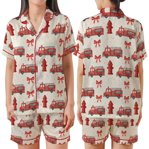 Whimsical Vintage Red Fire Truck Hydrant Watercolor Bows Wearable Item Satin Short-Sleeve Pajamas Set