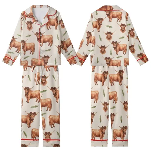 Highland Cow Christmas: Cozy Watercolor Rustic Wreath & Plaid Bows Festive Motif Kid Satin Pajamas Set