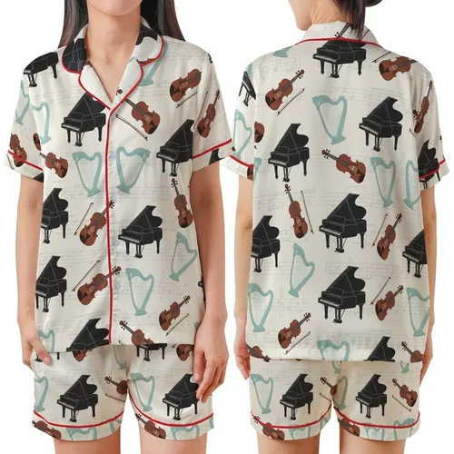Music Lover's Whimsical Black Grand Piano Brown Violin Teal Harp Musical Notes Design Satin Short-Sleeve Pajamas Set