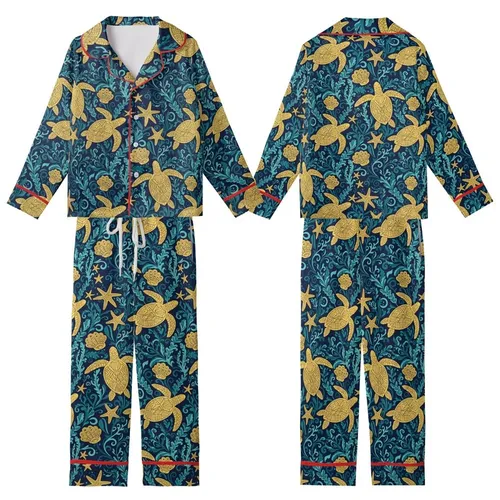 Women's Golden Sea Turtle Starfish Navy Aqua Teal Ornate Marine Foliage Design Kid Satin Pajamas Set