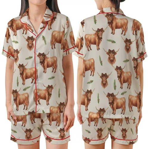 Highland Cow Christmas: Cozy Watercolor Rustic Wreath & Plaid Bows Festive Motif Satin Short-Sleeve Pajamas Set