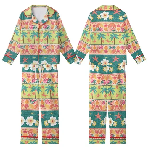 Bohemian Tropical Oasis: Vibrant Teal Coral Palm Tree & Exotic Bird Foliage Kid Satin Pajamas Set