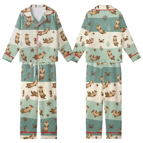 Otter Lover's Whimsical Ocean Otters Scene: Cream, Seafoam & Teal Wearable Design Kid Satin Pajamas Set