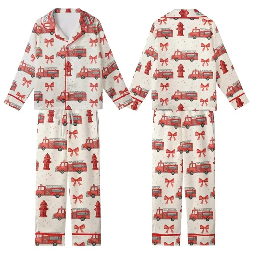 Whimsical Vintage Red Fire Truck Hydrant Watercolor Bows Wearable Item Kid Satin Pajamas Set