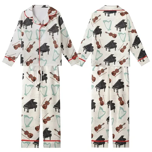 Music Lover's Whimsical Black Grand Piano Brown Violin Teal Harp Musical Notes Design Kid Satin Pajamas Set