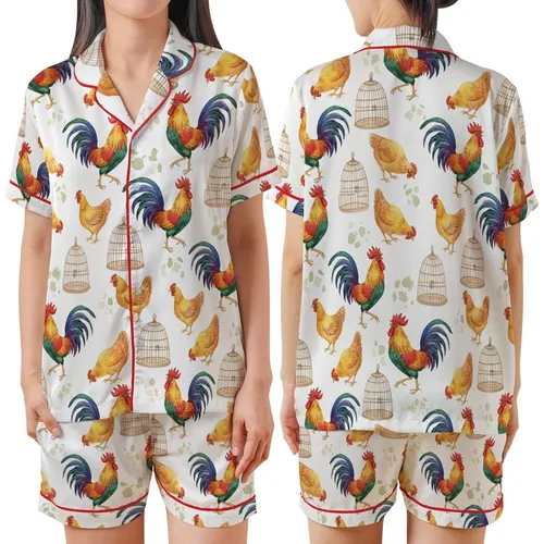 Countryside Living Rooster & Hen Watercolor Pattern: Vibrant Woven Cages Design - Loungewear Item Satin Short-Sleeve Pajamas Set