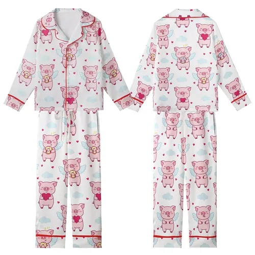 Whimsical Dreamer's Pastel Piglets Flying, Donut Munching, Sleeping & Heart Pattern Fashion Garment Kid Satin Pajamas Set