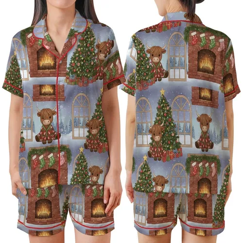 Festive Animal Lovers' Whimsical Highland Cow Christmas Tree Fireplace Scene, Plaid Pajamas, Red Green Snowfall Satin Short-Sleeve Pajamas Set