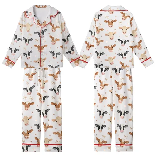 Women's Charming Watercolor Cow Heads, Tan Bows & Burnt Orange Plus Signs Seamless Rustic Kid Satin Pajamas Set