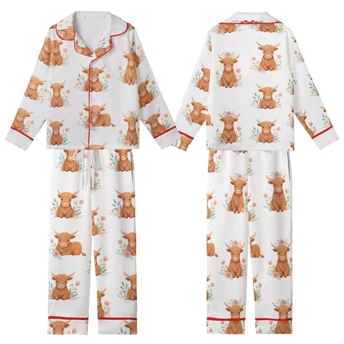 Highland Cow Design: Gentle Wildflower Pattern - Caramel Shaggy Calves Wearable Art Kid Satin Pajamas Set