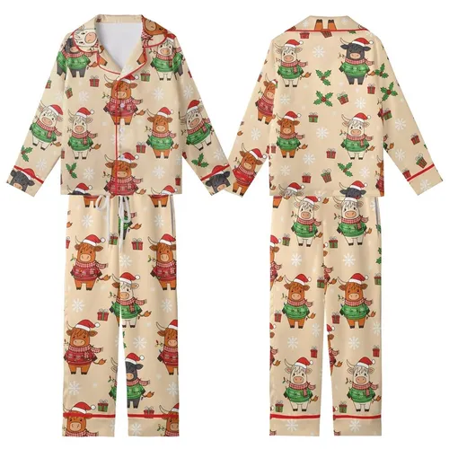 Highland Cow Christmas: Adorable Cows in Festive Sweaters, Santa Hats, Holly & Gifts - Festive Wear Kid Satin Pajamas Set