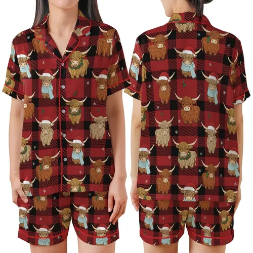 Festive Highland Cow Lovers: Buffalo Plaid Winter Scene with Santa Hats & Holly Holiday Fabric Print Satin Short-Sleeve Pajamas Set