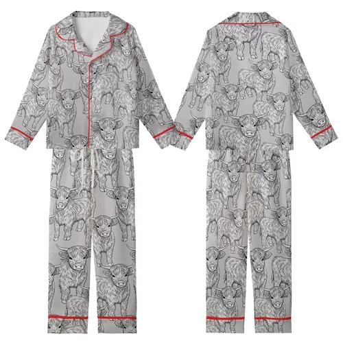 Highland Calf Lovers' Black & White Fluffy Calves All-Over Pattern - Serene Line Art Wearable Kid Satin Pajamas Set