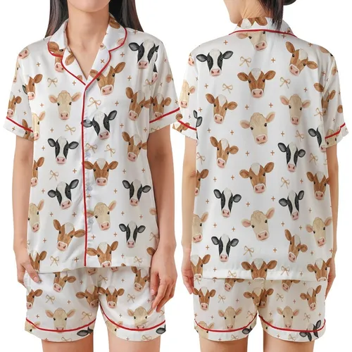 Women's Charming Watercolor Cow Heads, Tan Bows & Burnt Orange Plus Signs Seamless Rustic Satin Short-Sleeve Pajamas Set