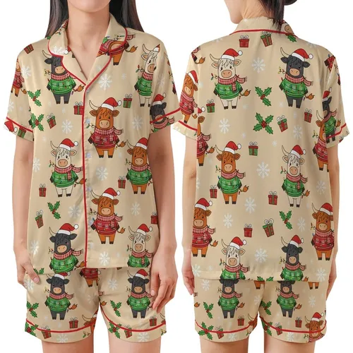 Highland Cow Christmas: Adorable Cows in Festive Sweaters, Santa Hats, Holly & Gifts - Festive Wear Satin Short-Sleeve Pajamas Set