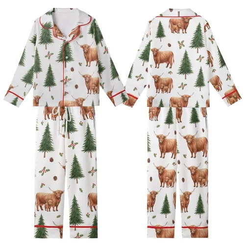 Highland Cow Lover's: Whimsical Watercolor Pine Forest Pattern with Red Holly Berries Kid Satin Pajamas Set